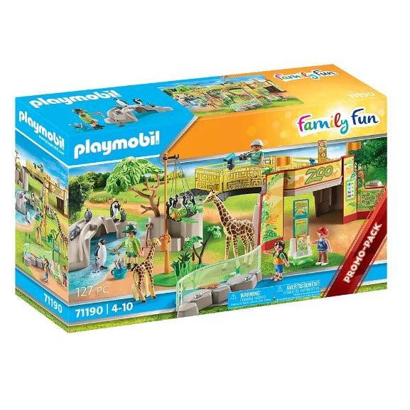 The animal enclose box shows a picture of a family on a boardwalk looking at the giraffe enclosure, while the penguin habitat is nearby