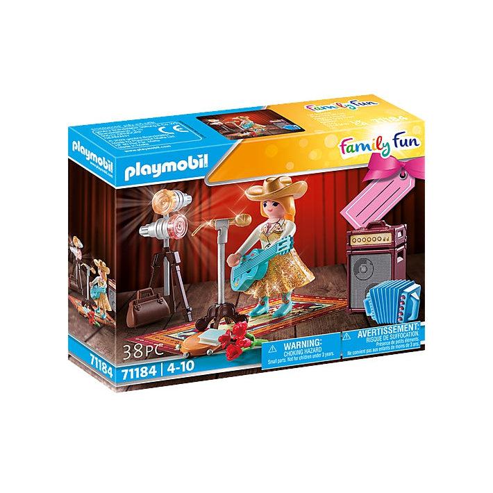 The country singer playmobil set. includes 38 pieces to put together to make a stage for the country singer to sing and perform with. she is wearing a sparkly orange dress and a cowboy hat. 