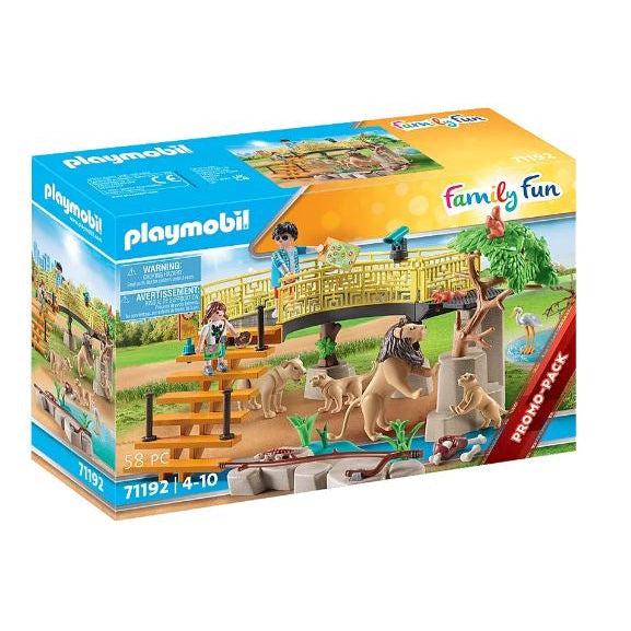This image shows the lion enclosure for the playmobil set. the lions are having a wonderful time prowling around at the zoo, scaring the onlookers with a powerful ROAR!