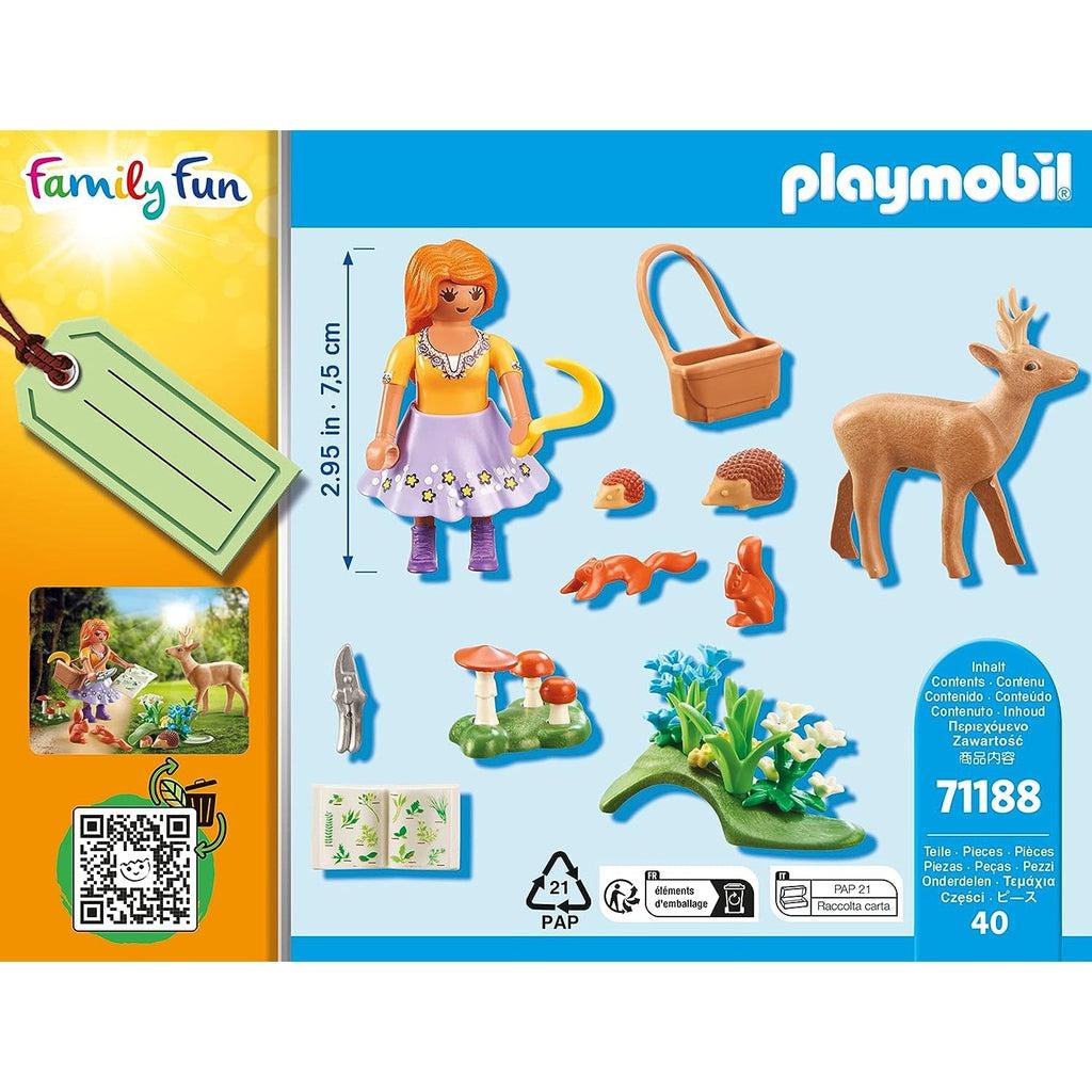 This is animage of the back of the box, showing the various animals and plants. the woman has a bag and a plastic tool to extract plants. she has a book to identify plants and there are two squirrels, two hedgehogs, and a deer