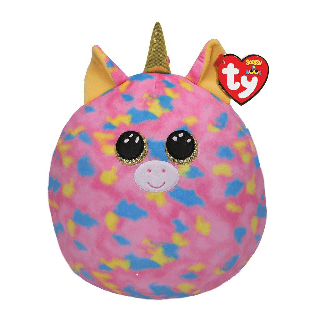 Image of the Fantasia Pink Unicorn Squish-A-Boo plush. It is a pink unicorn with blue and yellow spots. She has a glittery golden horn and eyes.