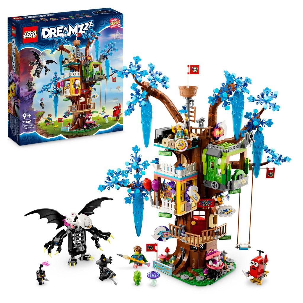image shows the LEGO Dreamzzz Fantastical Treehouse. there are icicle leaves handing off the chaotic treehouse willed with different rooms of colors. where are plenty of LEGO Dreamzzz heros and villian characters to interact with the treehouse. . 