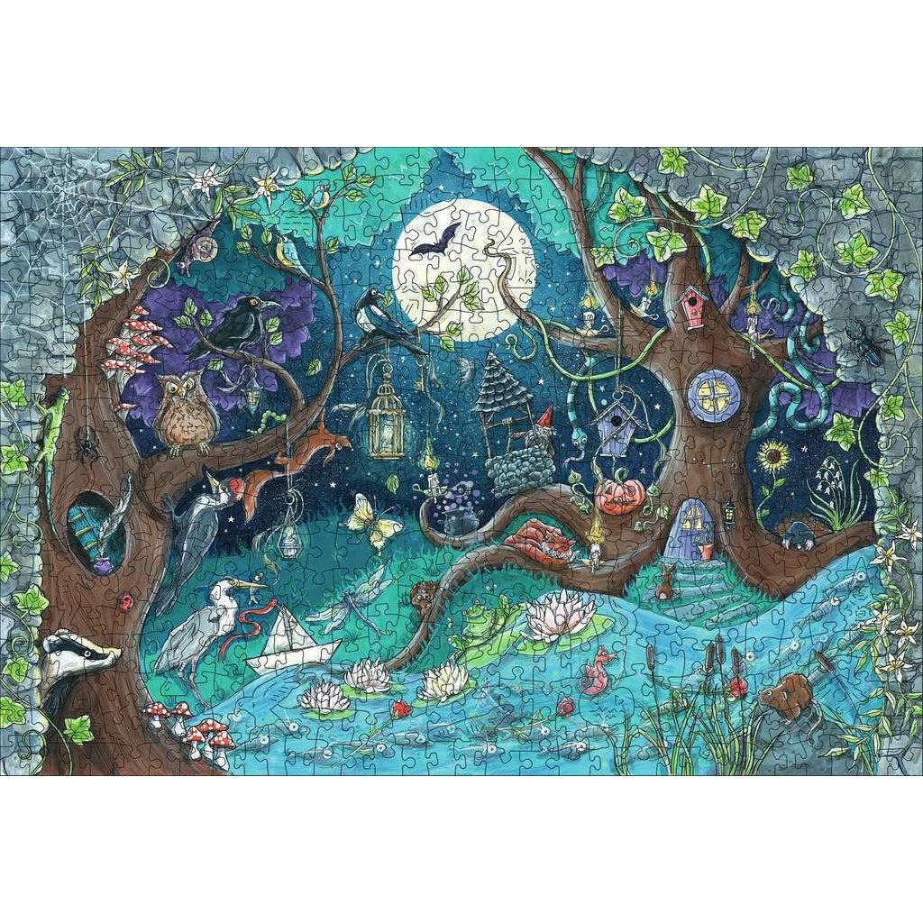 Image of the finished puzzle. It is a scene of a mystical forest at night with many birdhouses and animals hiding amongst the trees.