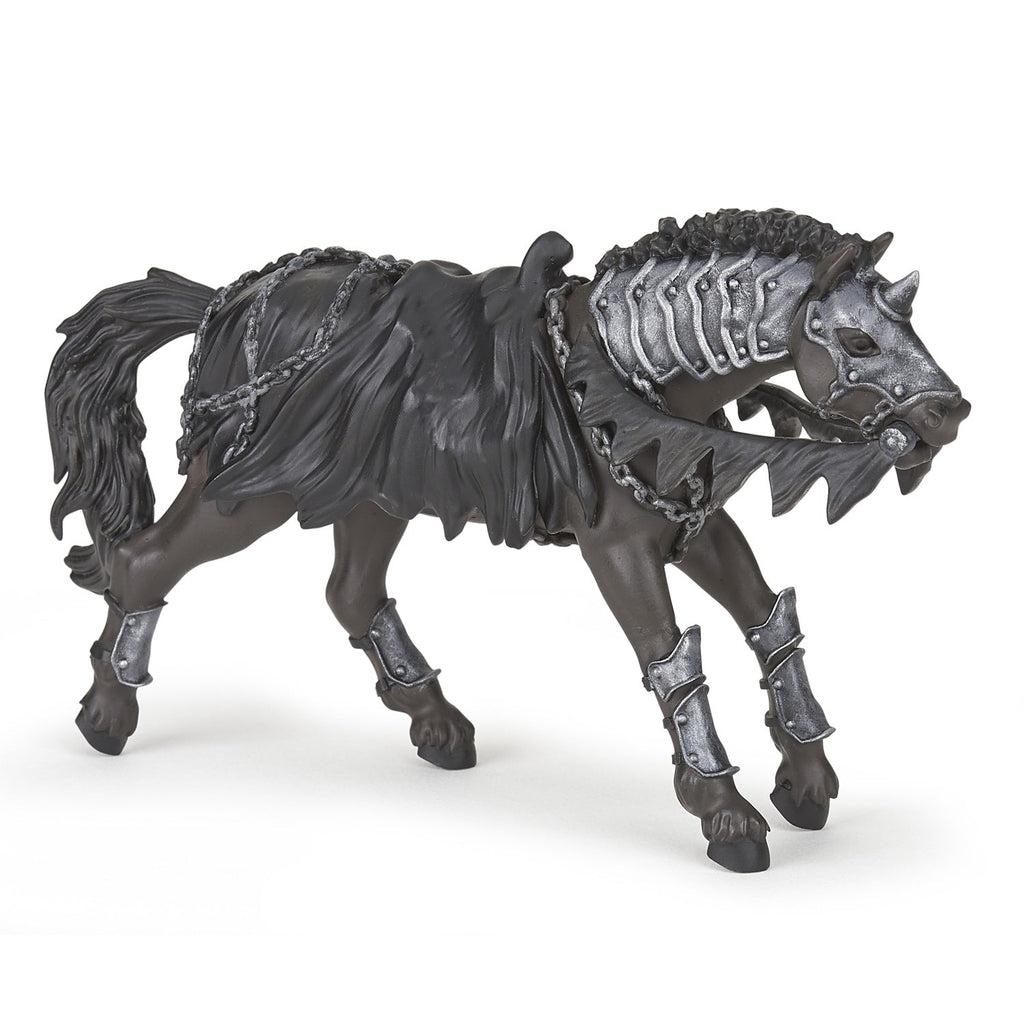 Image of the Fantasy Horse figurine. it is a black horse with medieval-looking metal plated armor with a torn black cloth saddle. It has black hair.