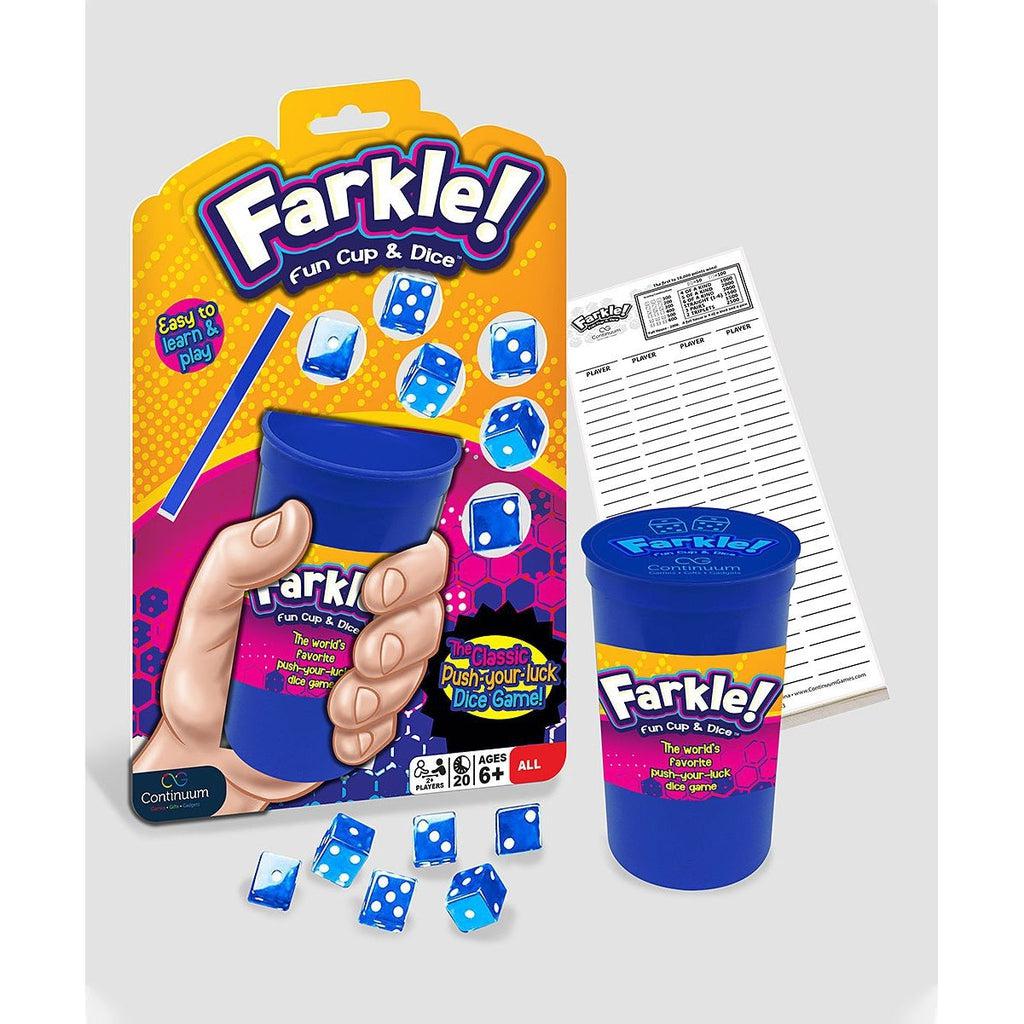 Image of the packaging and the actual game for Farkle! Fun Cup and Dice. The game includes a Farkle cup that is blue with an orange and pink label. It comes with blue dice and a scoresheet.