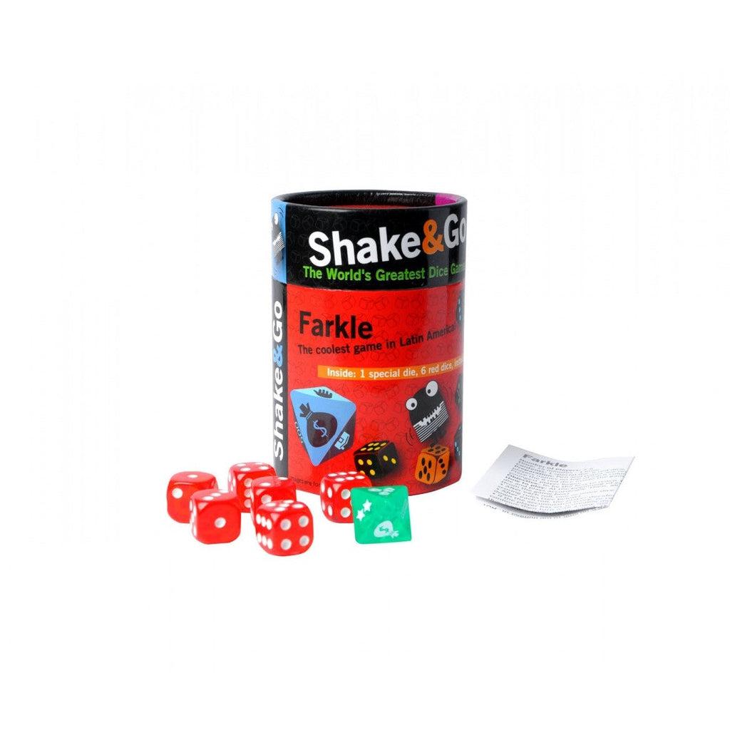 Image of the Farkle Shake & Go game. It comes in an orange cylindrical container. It comes with six red and white dice, a green 8 sided die, and instruction.