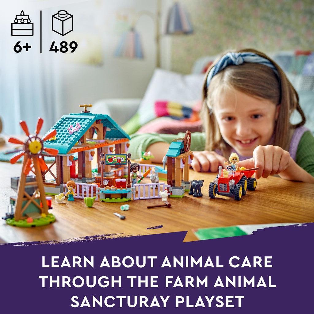for ages s6+ with 489 LEGO pieces. LEarn about animal care through the farm animal sanctuary playset. 