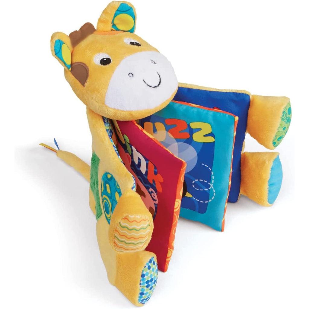 Image of the Farm Friends Crinkle Book. The cover is shaped like a giraffe stuffed animal complete with a head, arms, legs, and a tail.