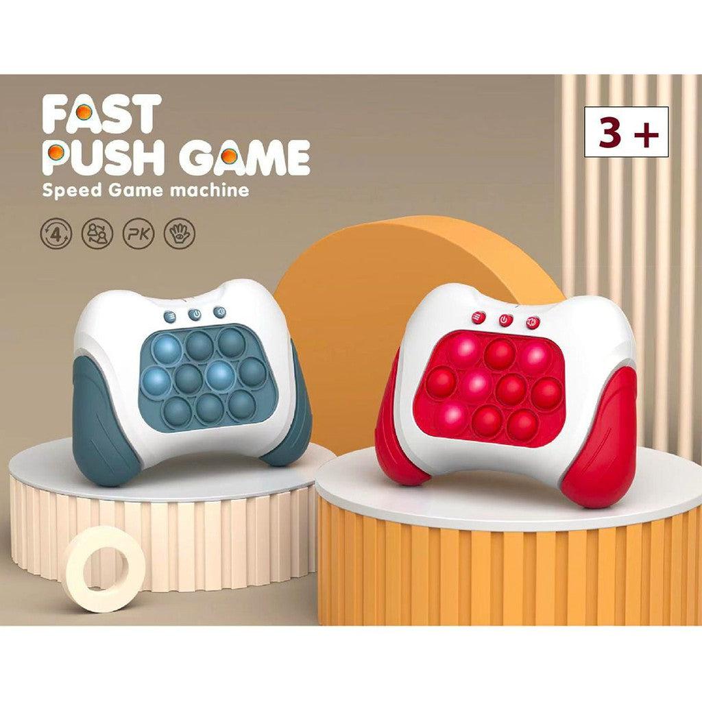 this image shows a blue and red fast push game, each is a controller is 10 buttons to push that lights up