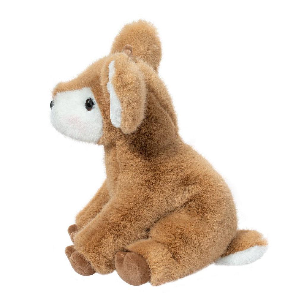 this image shows the plush fawn from the side. little brown tail with a white underside. very soft and cuddly friend.