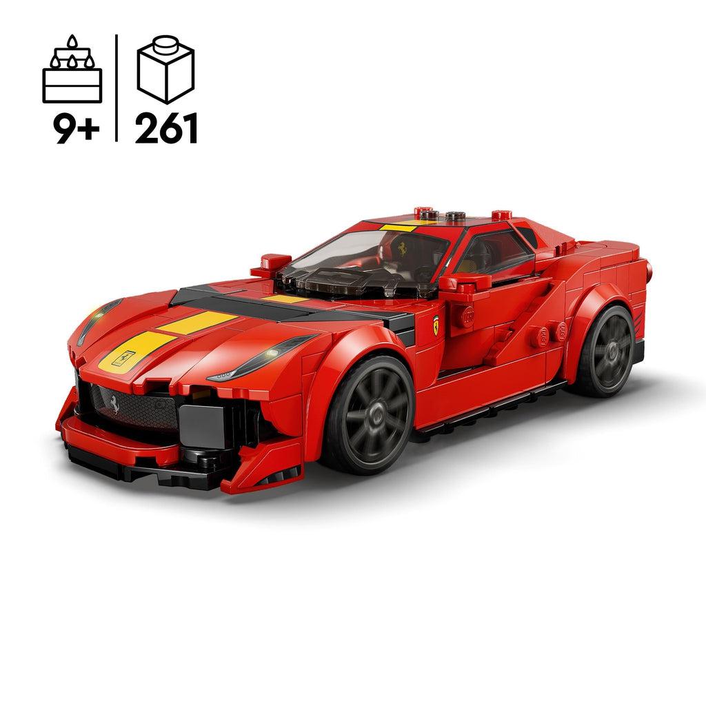 lego car includes shaped pieces and decals to create a realistic model of the real ferrari it's modeled after.