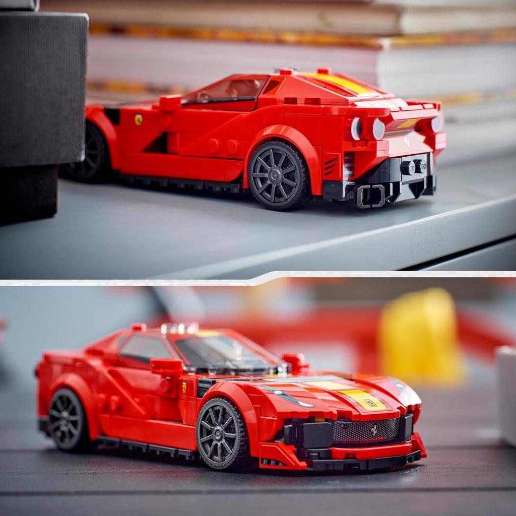 two images of the lego car displayed on a shelf