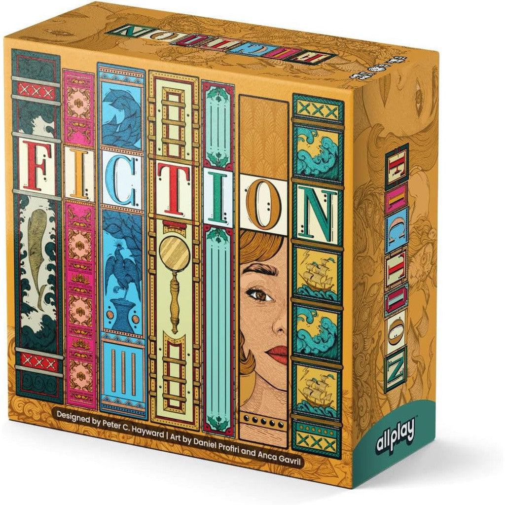 this image is the box for fictoin! its a yellow box with book spines on the cover like a library. 