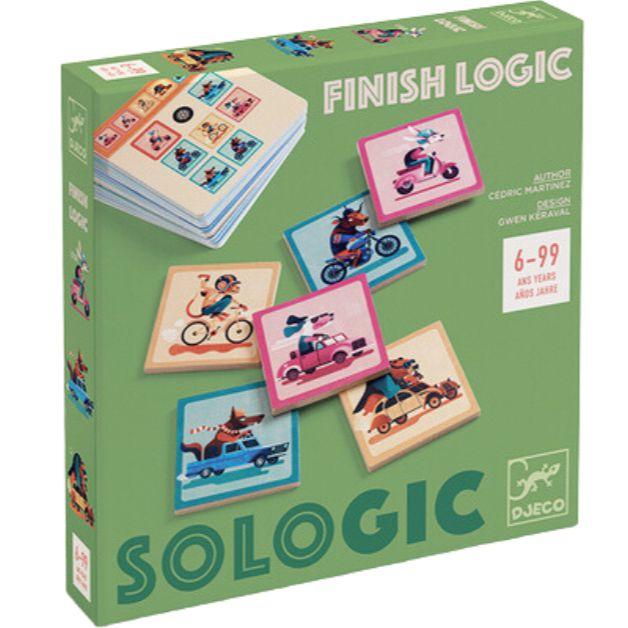 The image shows the cover of a board game called "SOLOGIC Finish Logic" by Djeco, an exciting animal race game featuring illustrations of animals in vehicles on colorful tiles. Suitable for ages 6-99 years, it offers puzzle challenges that blend fun with a touch of deduction.