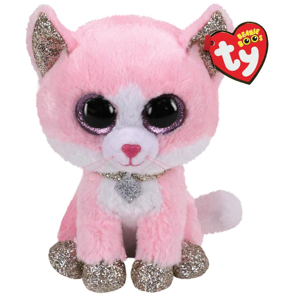 Image of the Fiona the Pink Cat plush. She has pink fur with a partially white face and belly. Her paws, ears, and collar are glittery silver and her eyes are shiny pink.