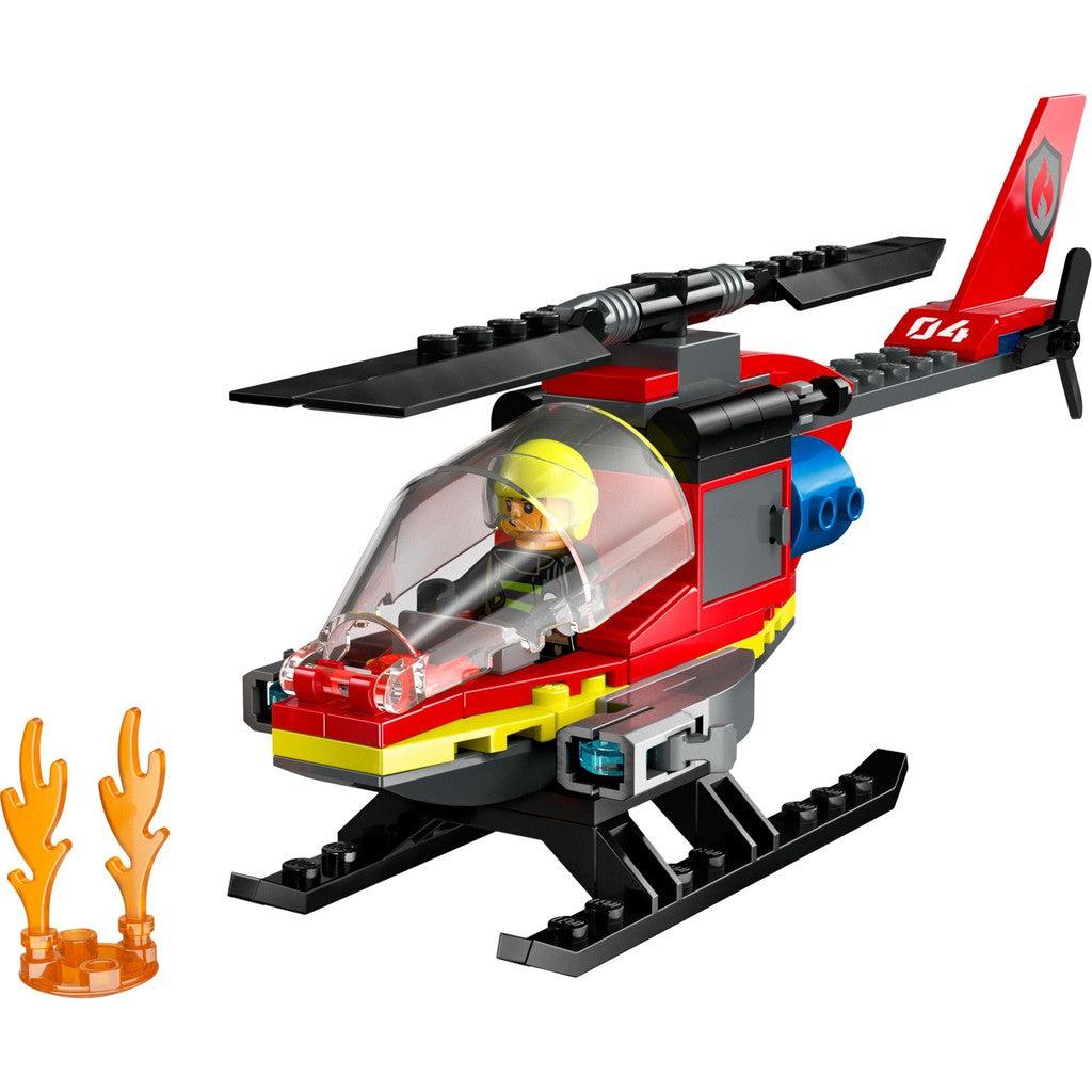 features a polit minifigure, fire accessory and a helicopter. 