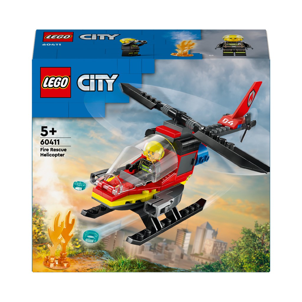 the LEGO city fire rescue Helicopter features a red helicopter that shoots blue LEGO beads to put out fires. 