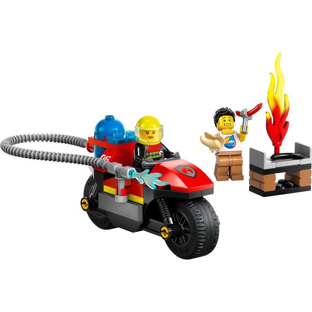 included are 2 Minifigures, a grill, fire, hotdogs and bub, and the motorcycle to come to the rescue