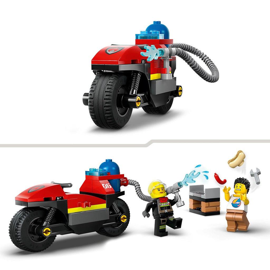 the LEGO motorcycle holds a tank of water and a hose to spray LEGO water effects as role play to save the day. 