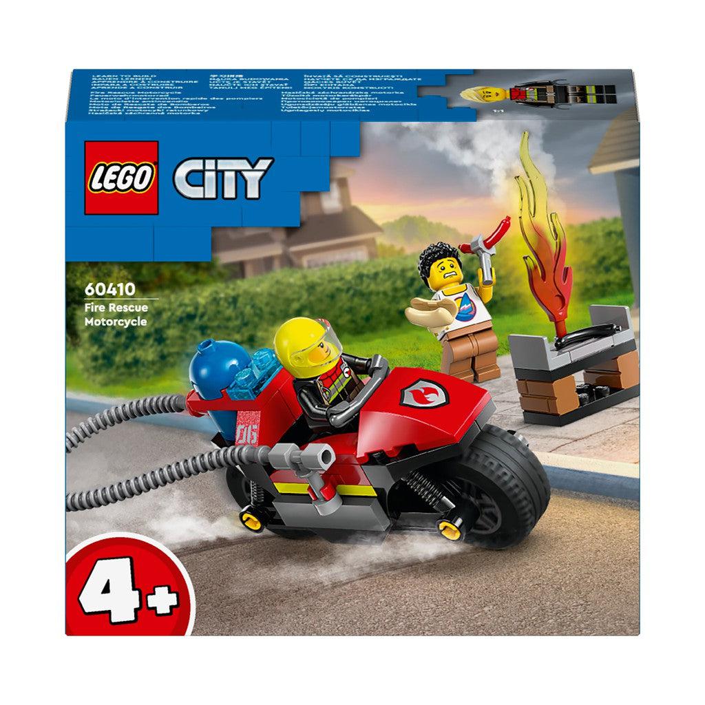 the LEGO City Fire Rescue Motorcycle shows a red motorcycle with a blue fire hose on the back. 
