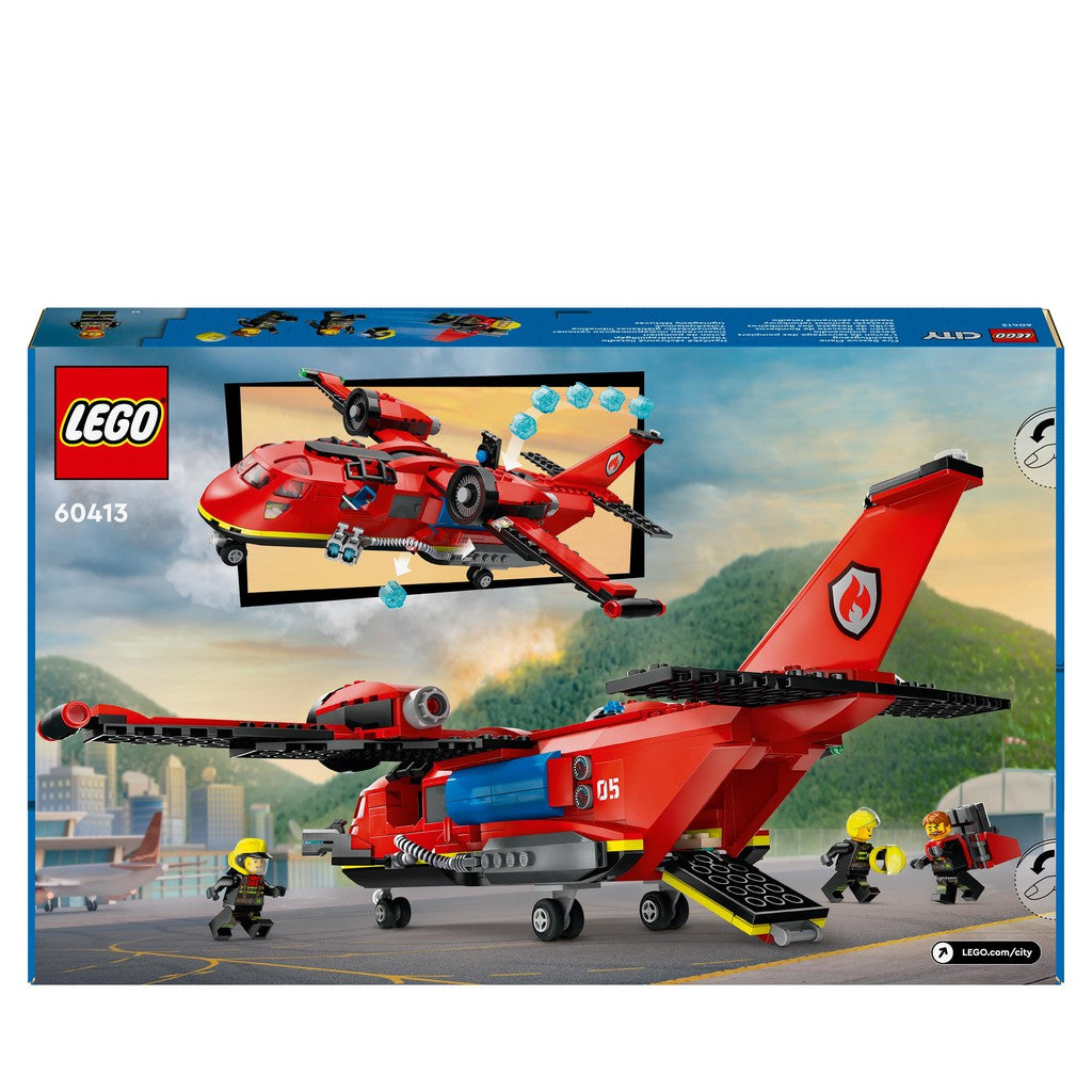 the back of the box shows the plane ready for takeoff to come launch water element LEGO launchers to save the day.