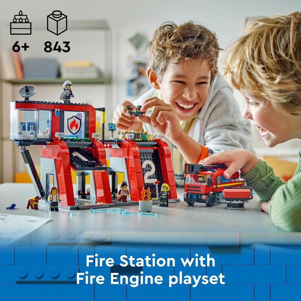 for ages 6+ with 843 LEGO pieces. Fire Station with Fire Engine playset. 