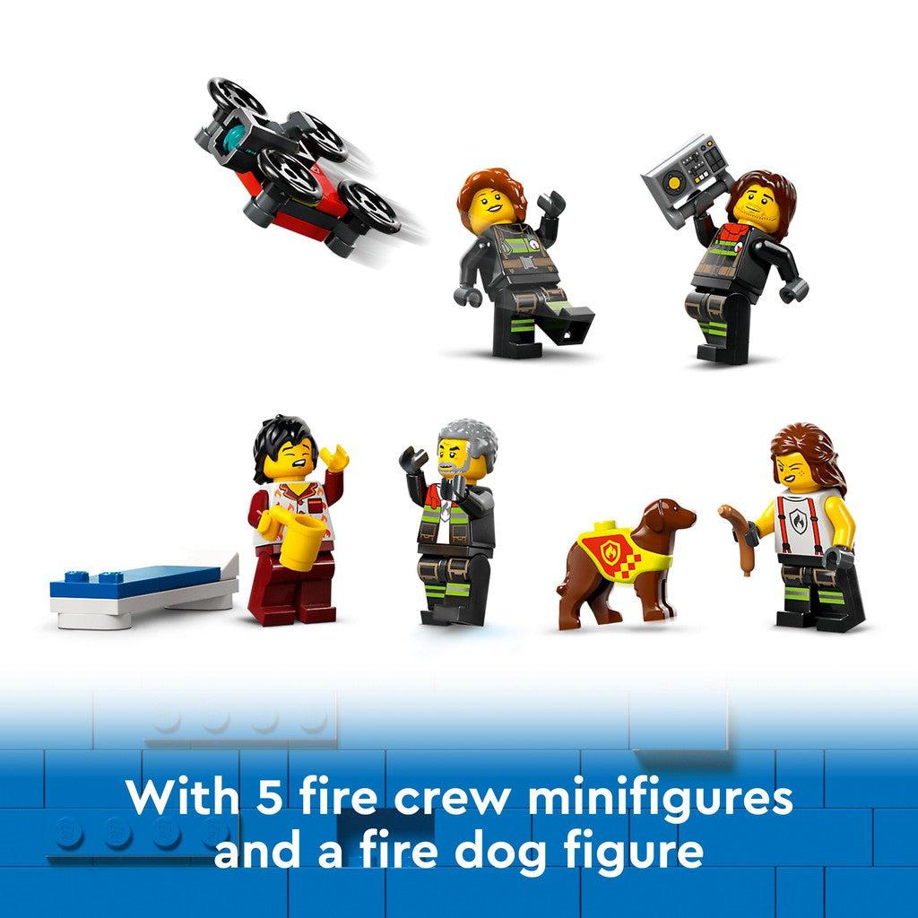with 5 fire crew Minifigures and a fire dog figure