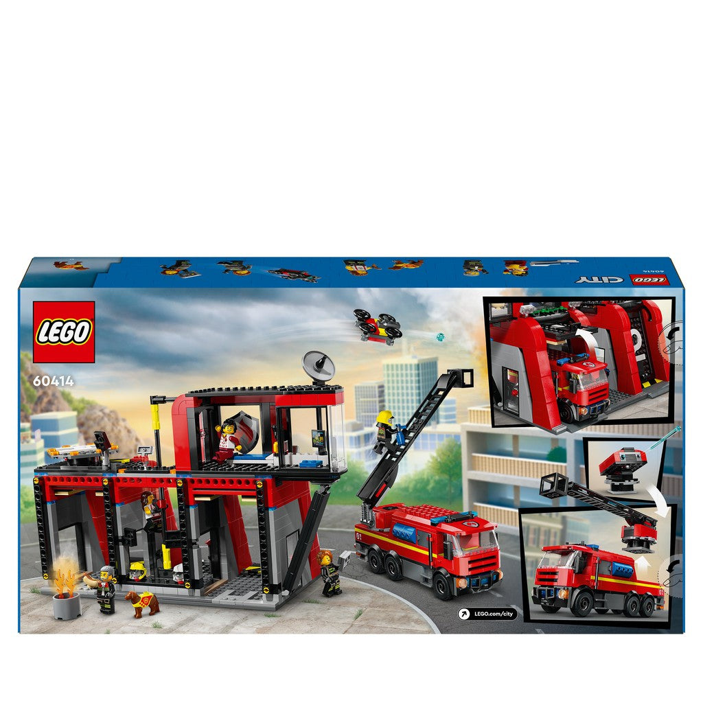 the back of the box shows the fire station and truck