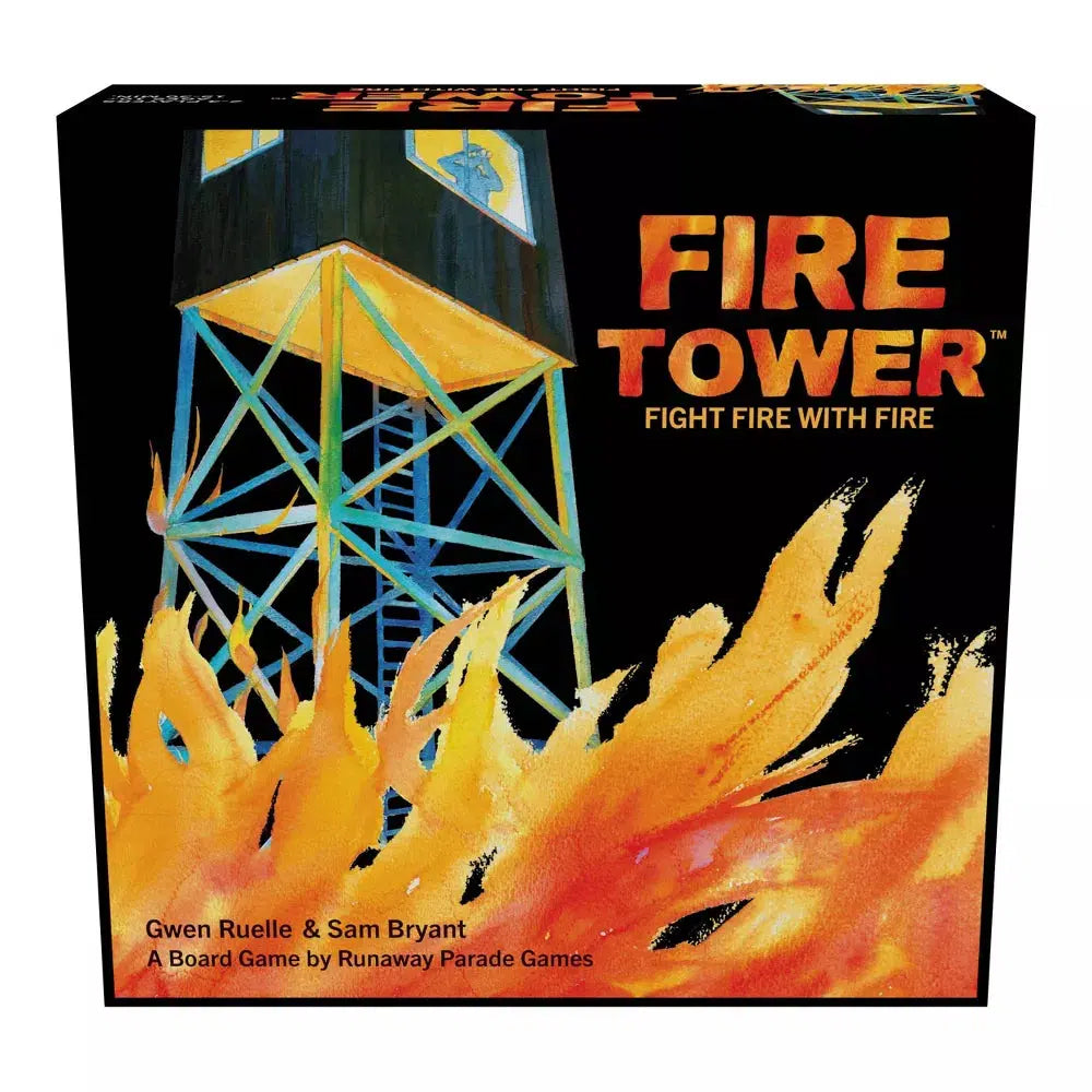this image shows the box for the game fire tower. with the subtitle fight fire with fire. 