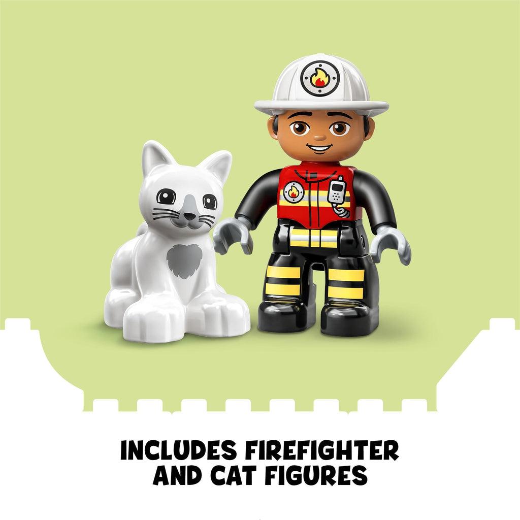firefighter figure next to cat figure | Text reads: Includes firefighter and cat figures