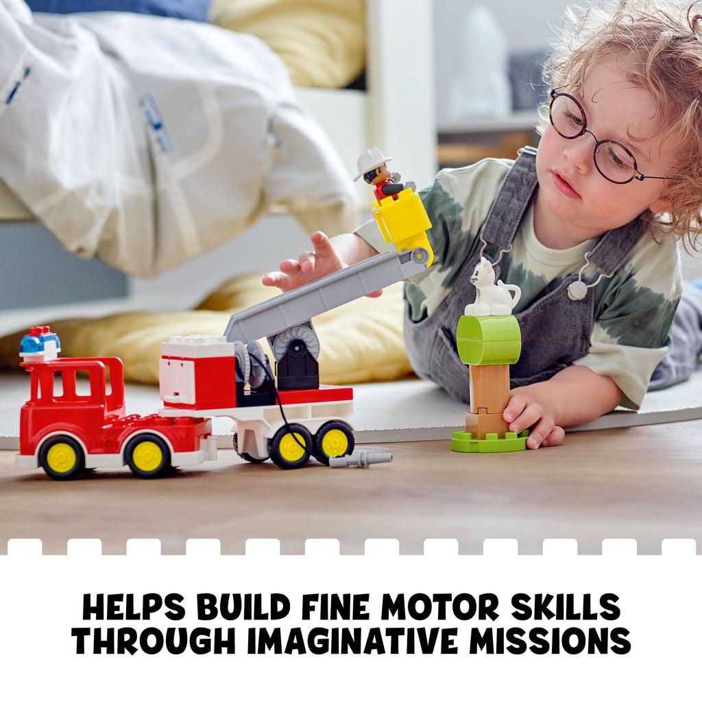 child playing with the lego duplo set | Text reads: Helps build fine motor skills through imaginative missions