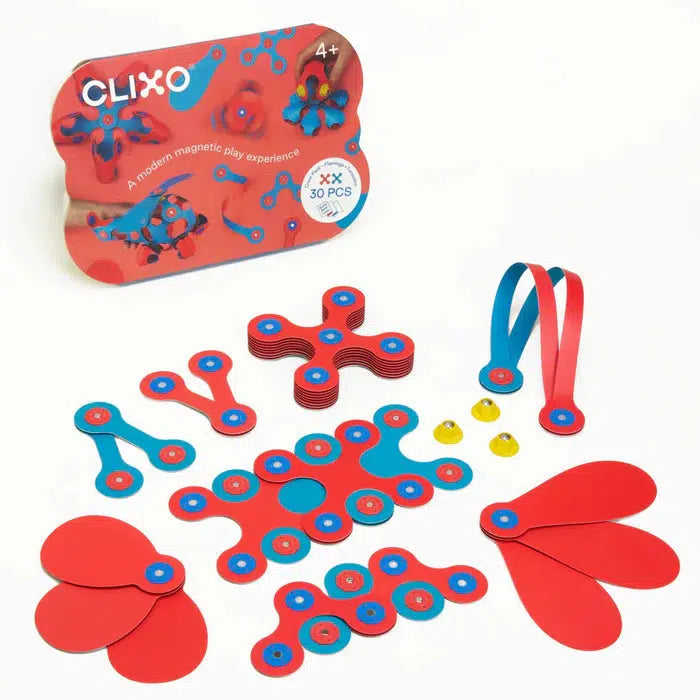 the Clixo flamingo and turquoise magnetic set. build with blue and red magnets