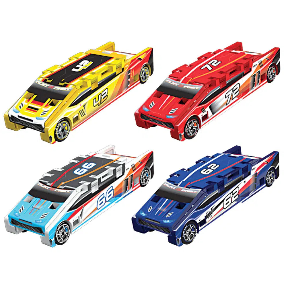 Four Flat 2 Fast Card Racers in different colors with racing decals and numbers.