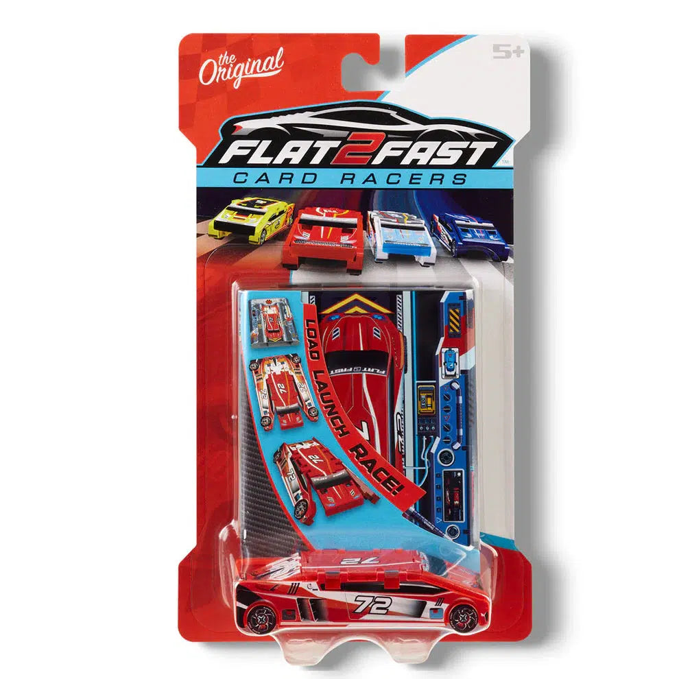 Packaged toy racing car set, suitable for ages 5 and up, with a launcher button.