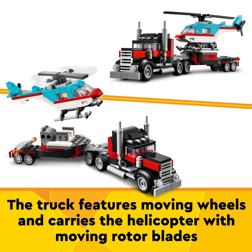 the truck features moving wheels and carries the helicopter with moving rotor blades. 