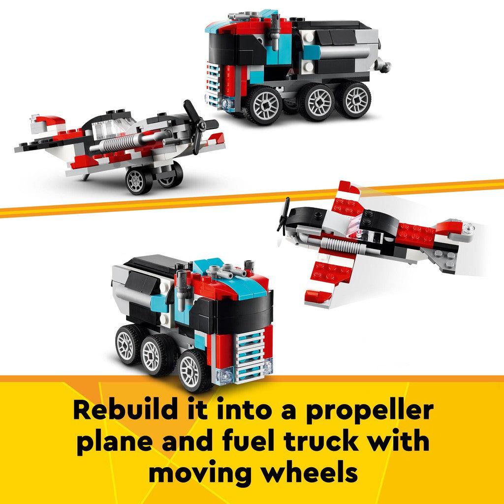 rebuild it into propeller plane and fuel truck with moving wheels. 