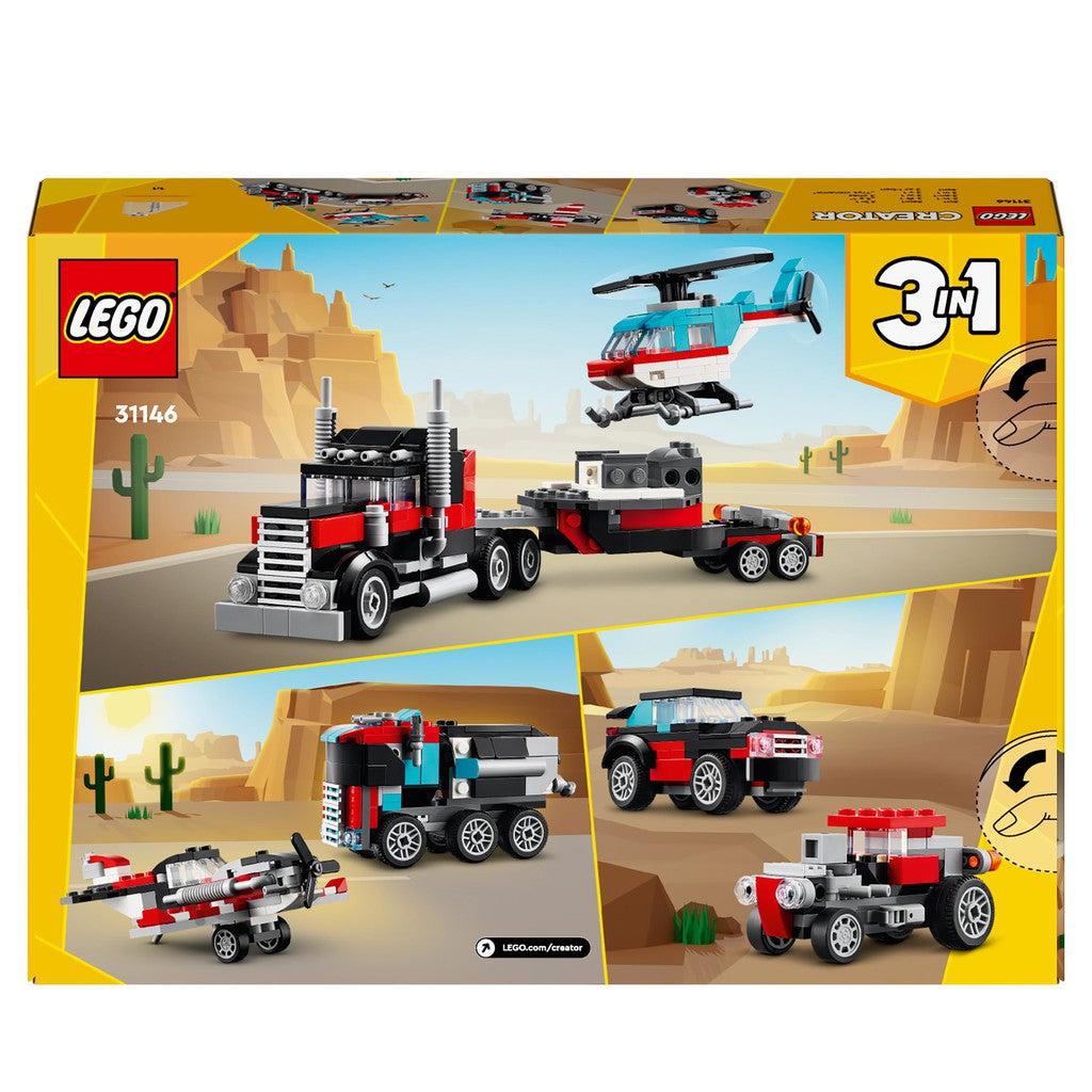 the back of the box shows a helicopter and truck, plane and semi, and two cars that can be built