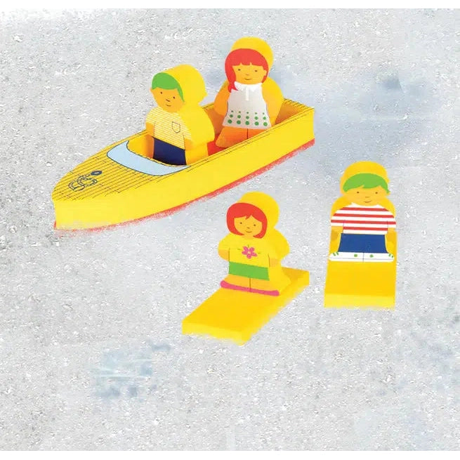 Close up of the four characters included. There is a mom, a dad, a daughter, and a son. The boys have short green hair, and the girls have red hair. The set also includes a floating boat.