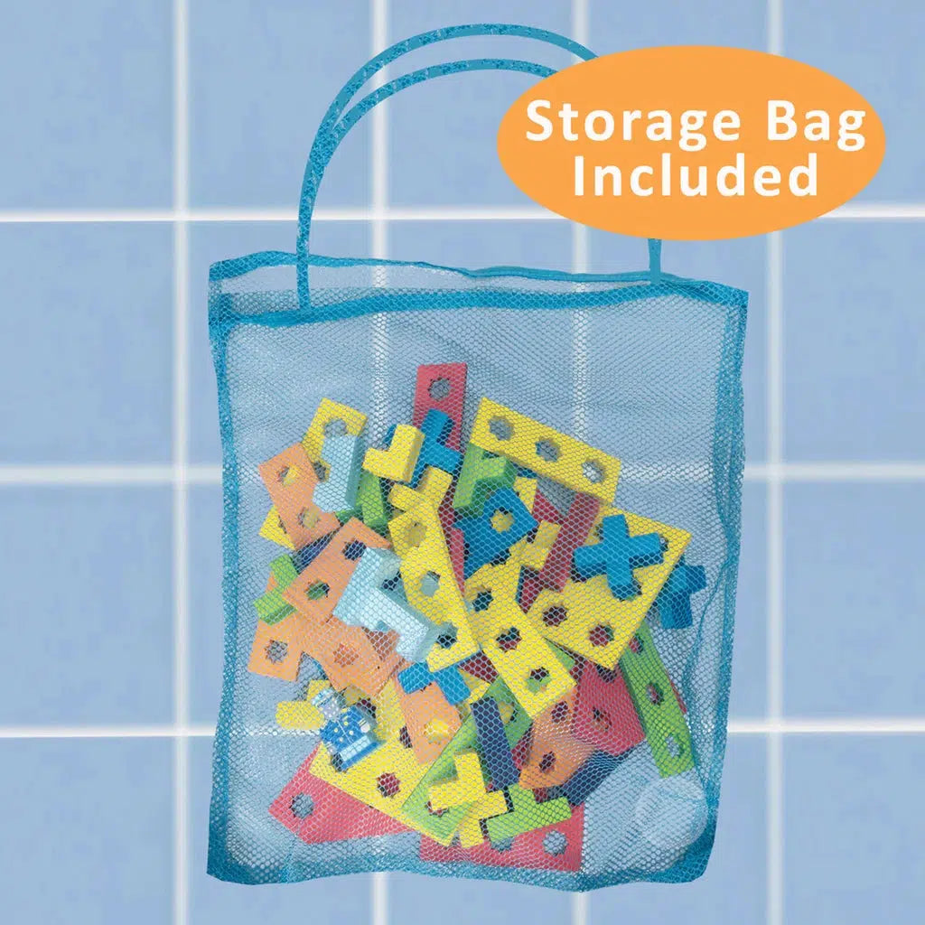 Shows that all the pieces can be stored in the included mesh bag.