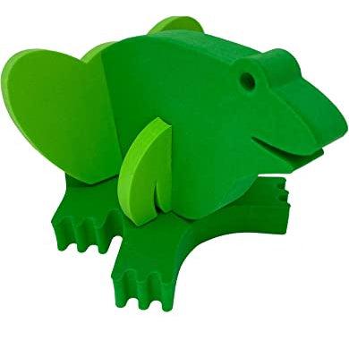 Close up of the hardest puzzle, the frog. It comes in 4 pieces, it is more abstract looking than the other ones, and it is completely green.