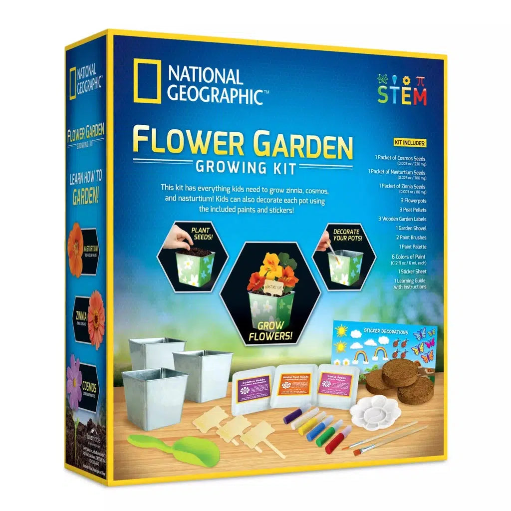 the back of the box shows the flower garden growing kit. the kit includes everything listed in the description on the website, and instructions are shows, plant seets, grow flowers, and decorate your pots! 