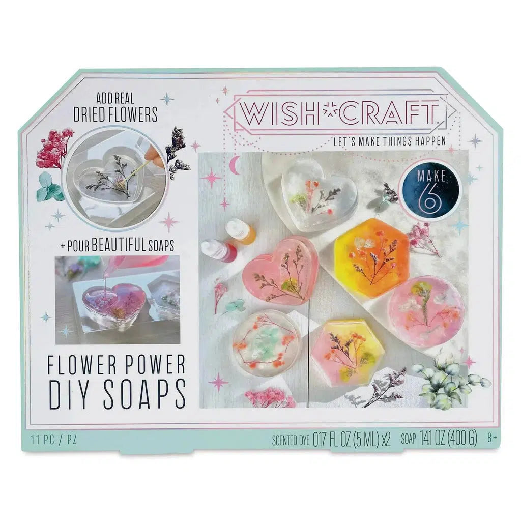 the wish craft flower power soaps shows a boc with 6 beautiful soaps you can make, and real dried flowers are included in the boc. 