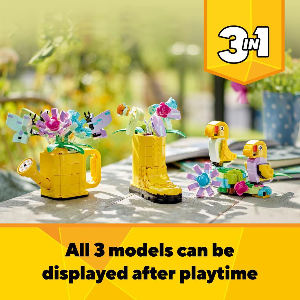 all three models can be displayed after playtime, from watering can, shoe, or flowers