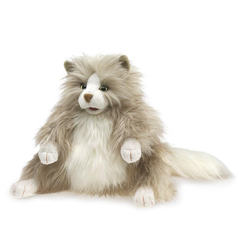 Front of puppet | Cat has very fluffy light gray fur with white fur on the stomach and tail. | The four paws and snout are white fabric. | Realistic plastic eyes and nose. | Mouth opens with a realistic tongue inside.