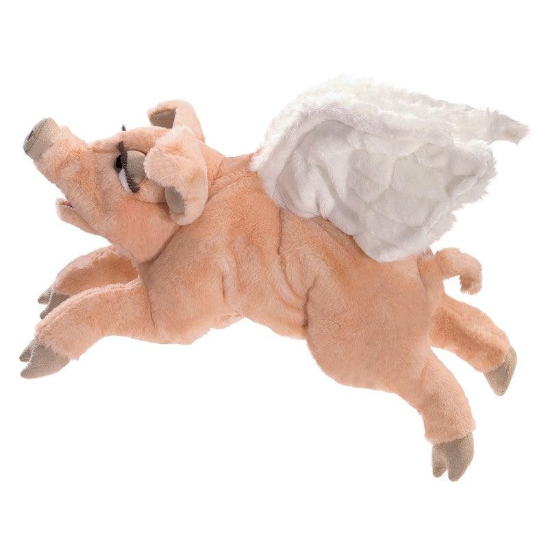 Side of puppet | Puppet has a light pink body with brown details on the hooves, snout, ears, and eyelids. | Eyes are large, and have droopy eyelids with long eyelashes. | White plush wings emerge from the middle of the pigs back.