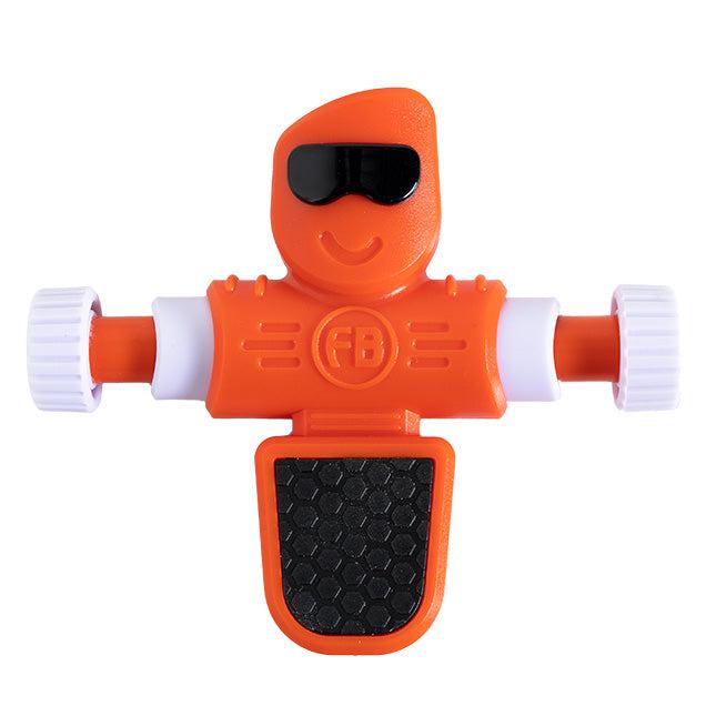this image shows the orange foosbot with orage body, white arms, and black goggles.