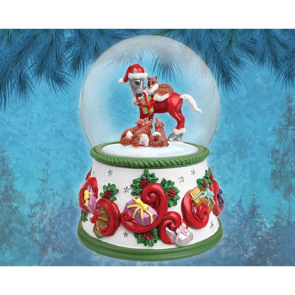 Image of the Forest Friends snow globe with a Christmasy blue background.  Globe described on next image.