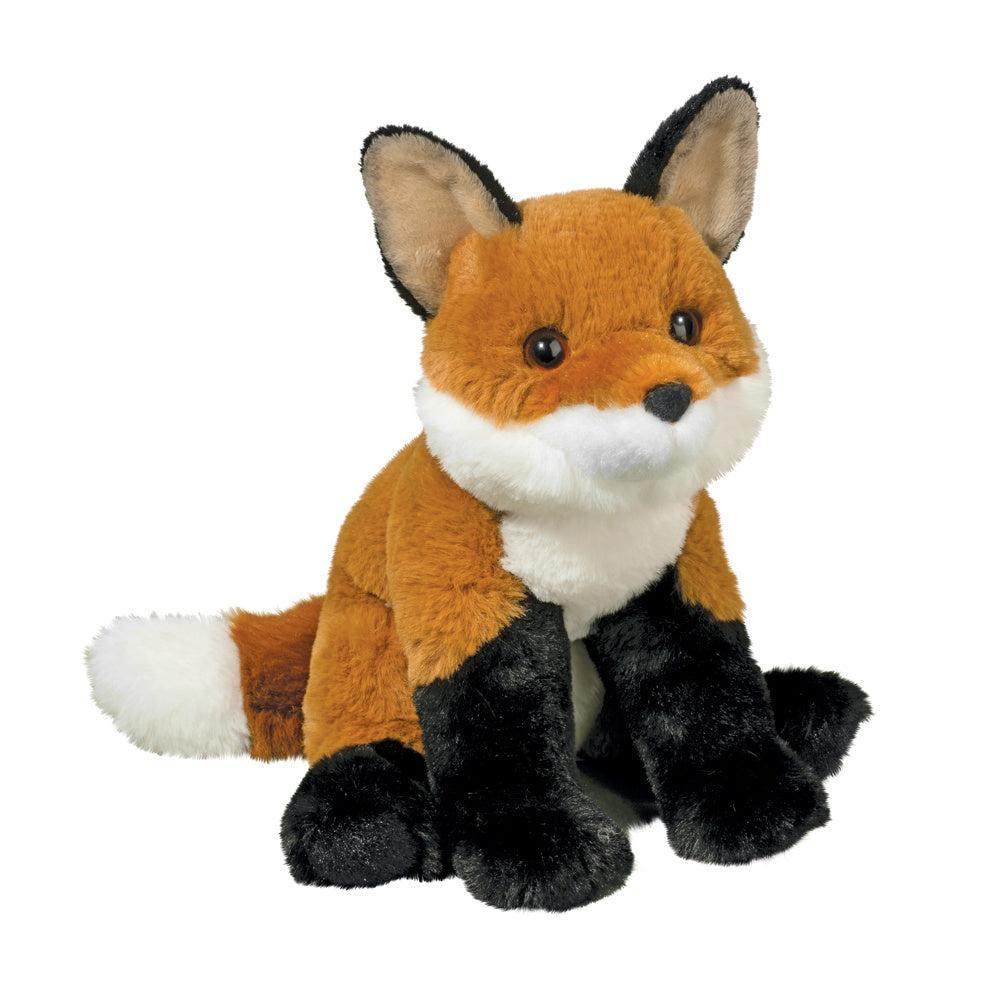 this image shows a cute little fox plush with black paws and a white tipped tail. the fur is a deep orange