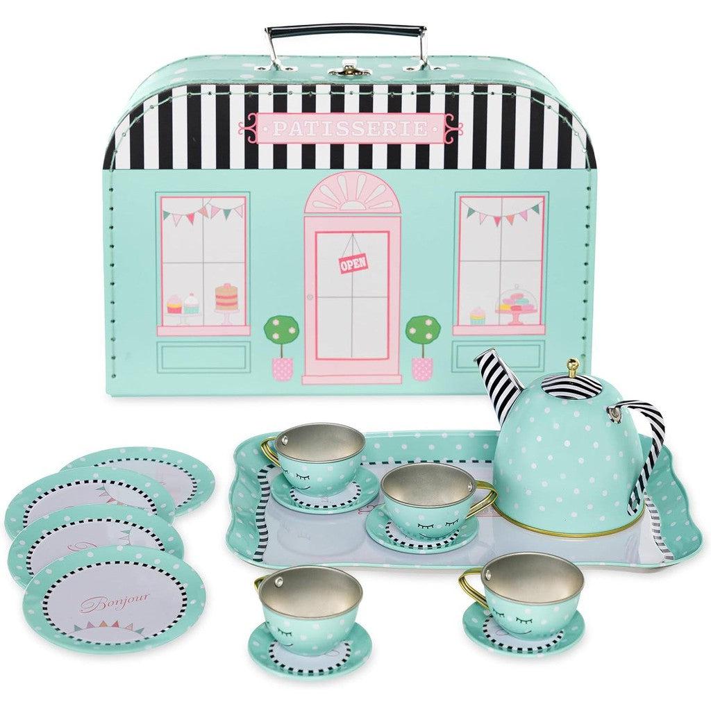 this image shows a mint green tea set! 4 plates, 4 cups, a serving tray, and tea kettle. there is a box to hold all the cups what loosk like a patisserie shop in paris. 