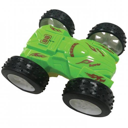 the green friction flaip car, there are red flame stickers on it with a red 88 sticker. the wheels are large so it can flip and keep moving